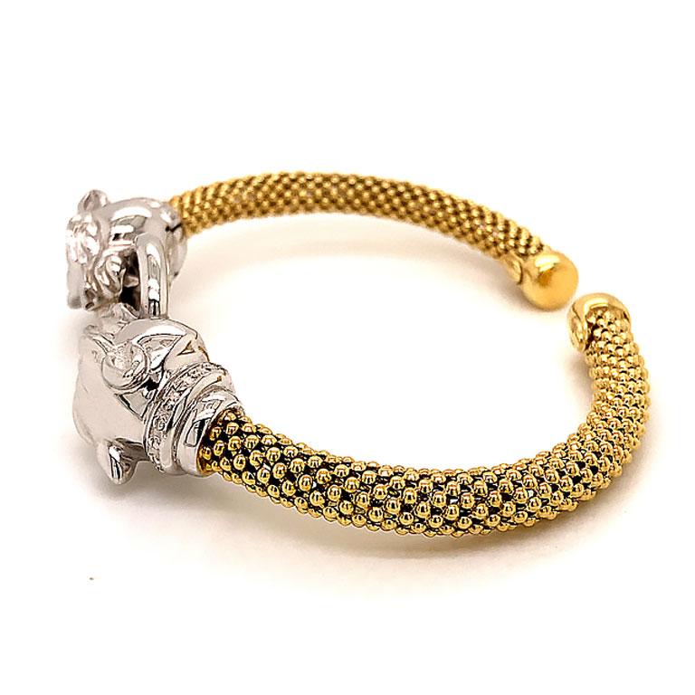 Double Jaguar Head 2 Toned Flexible Cuff Bracelet in 14k White and Yellow Gold In Excellent Condition For Sale In Honolulu, HI