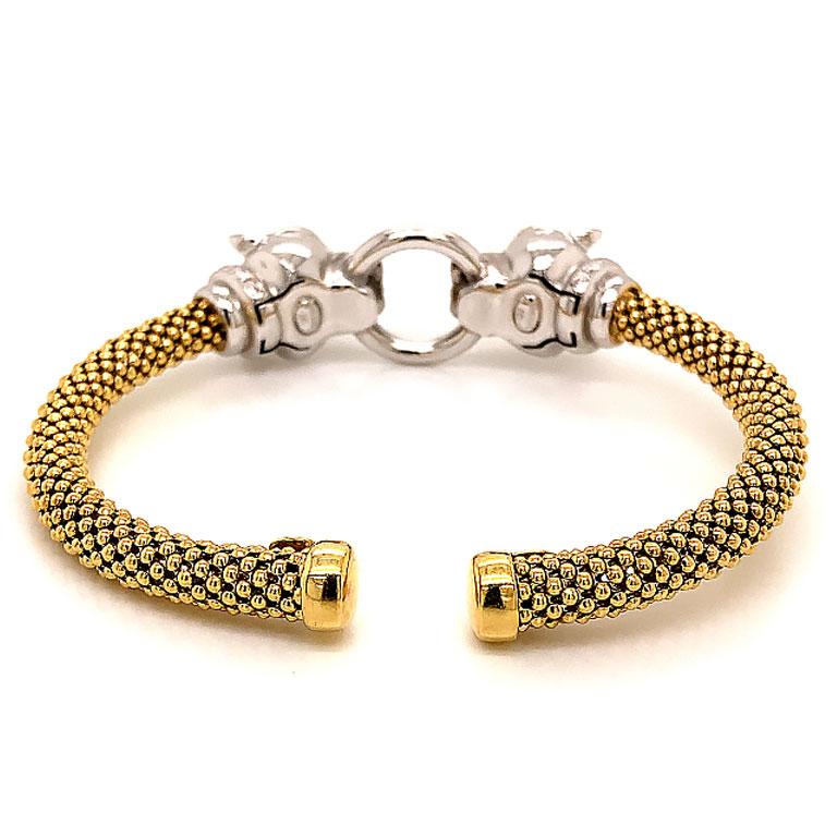 Women's or Men's Double Jaguar Head 2 Toned Flexible Cuff Bracelet in 14k White and Yellow Gold For Sale