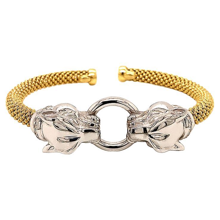 Double Jaguar Head 2 Toned Flexible Cuff Bracelet in 14k White and Yellow Gold For Sale