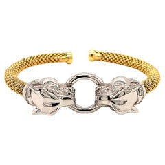 Double Jaguar Head 2 Toned Flexible Cuff Bracelet in 14k White and Yellow Gold
