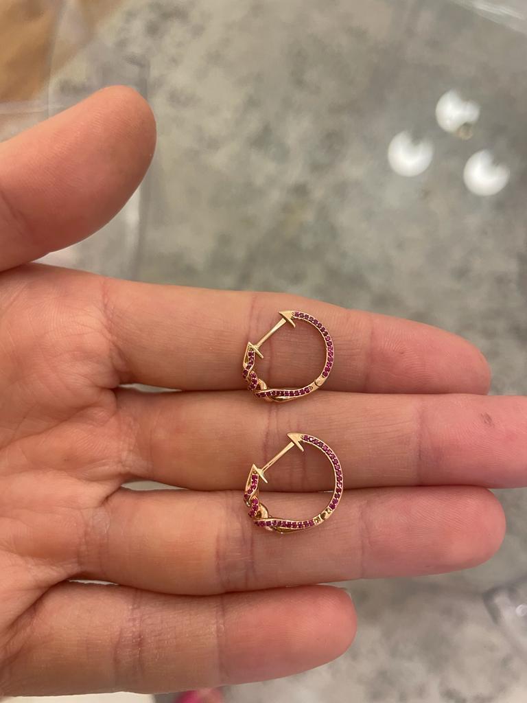Double Knot Ruby Huggies Hoop Earrings  For Sale 4