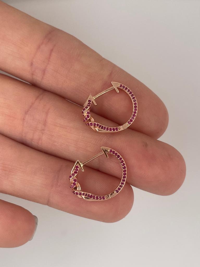 Double Knot Ruby Huggies Hoop Earrings  For Sale 6