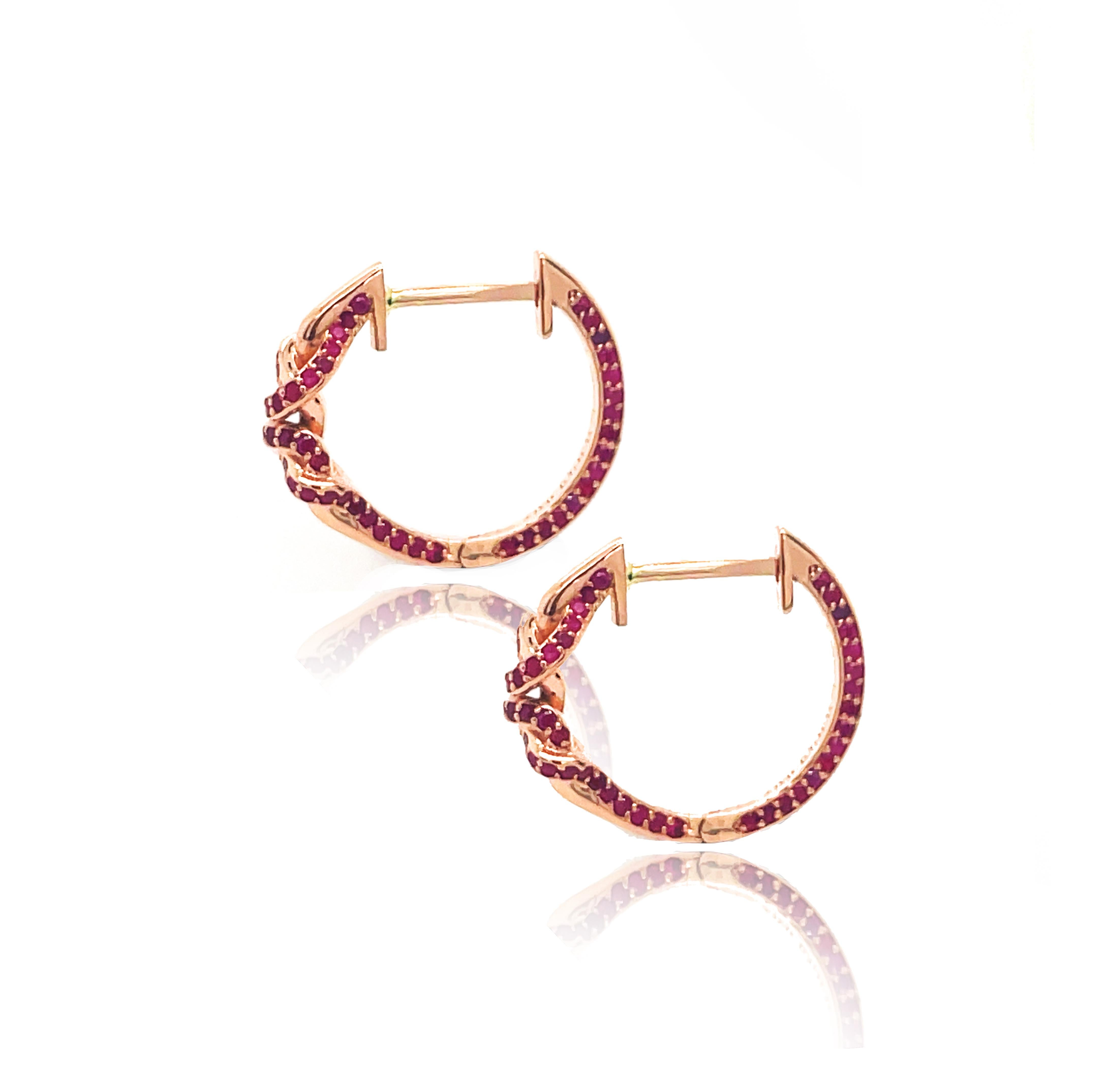 Round Cut Double Knot Ruby Huggies Hoop Earrings  For Sale