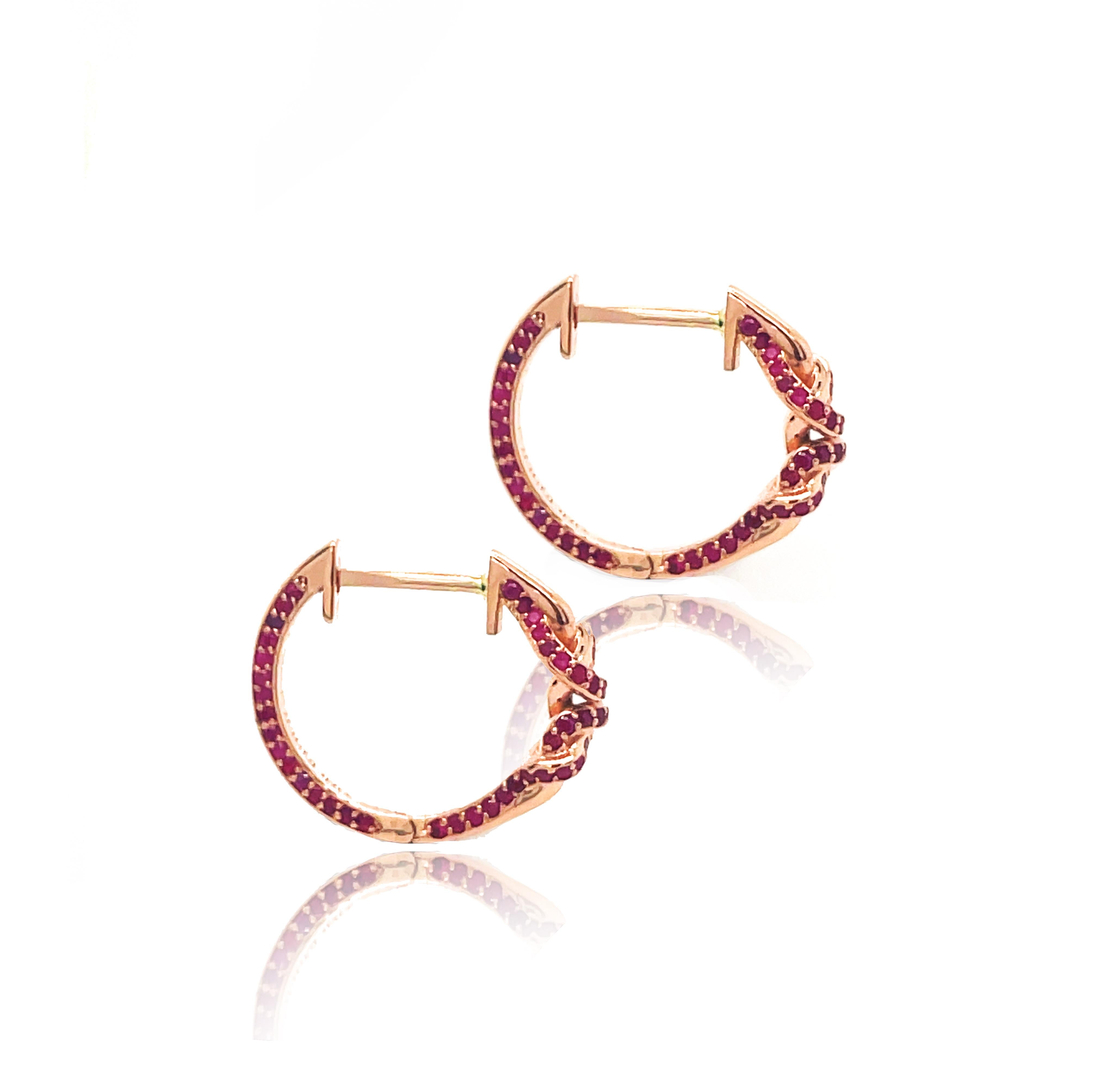 Women's or Men's Double Knot Ruby Huggies Hoop Earrings  For Sale