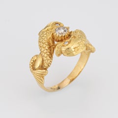 Double Koi Fish Diamond Ring Vintage 22k Yellow Gold Estate Fine Jewelry