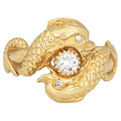 Double Koi Fish Diamond Ring Vintage 22k Yellow Gold Estate Fine Jewelry