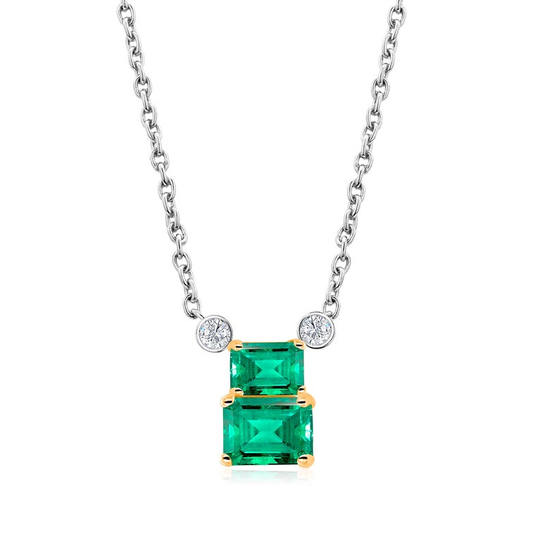 Double Decker Layered Emerald and Round Diamond Gold Pendant Necklace ...