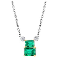 Double Decker Layered Emerald and Round Diamond Gold Pendant Necklace