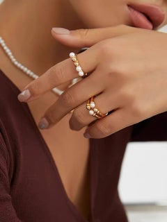 Double Layer Gold Beaded Freshwater Pearl Open Ring
