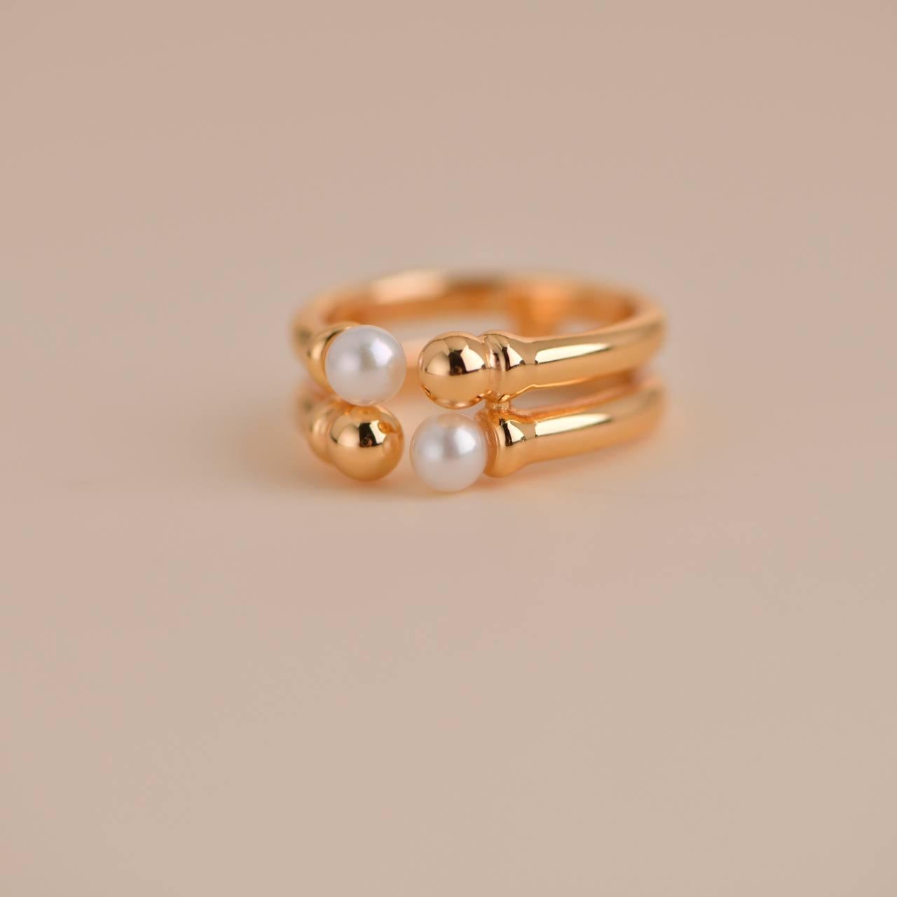 Women's or Men's Double Layer Gold Beaded Freshwater Pearl Open Ring For Sale