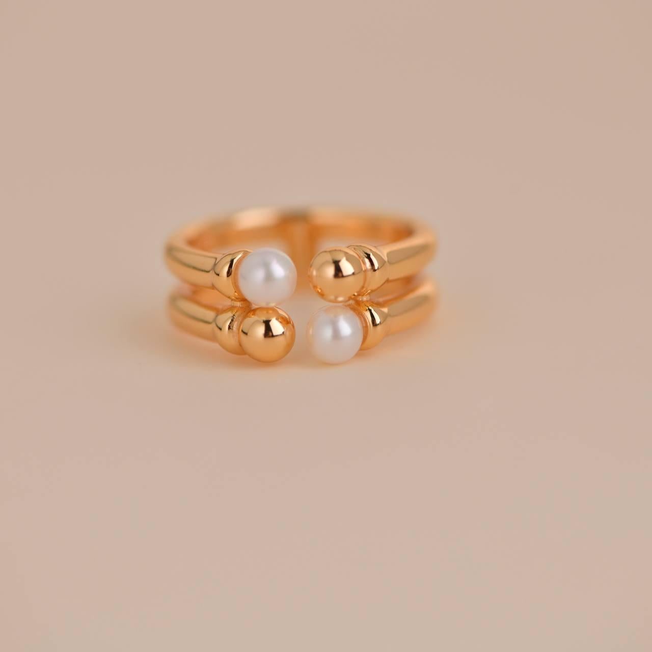 Double Layer Gold Beaded Freshwater Pearl Open Ring For Sale 1