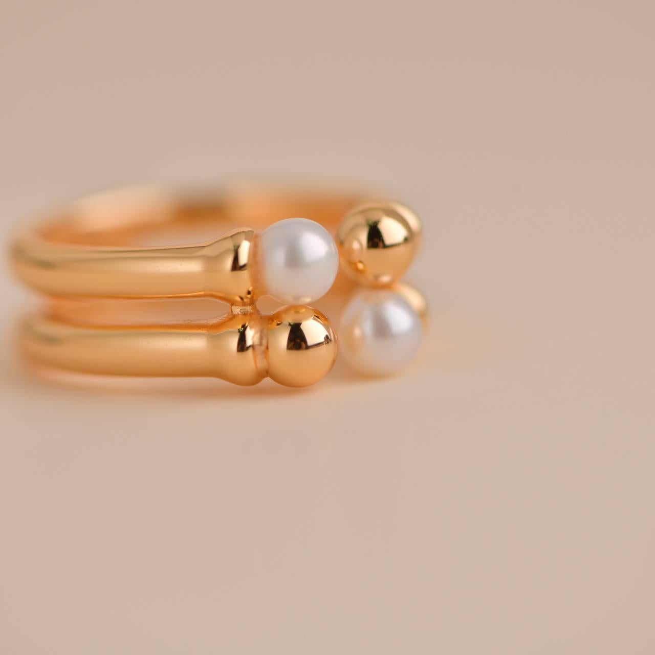 Double Layer Gold Beaded Freshwater Pearl Open Ring For Sale 2
