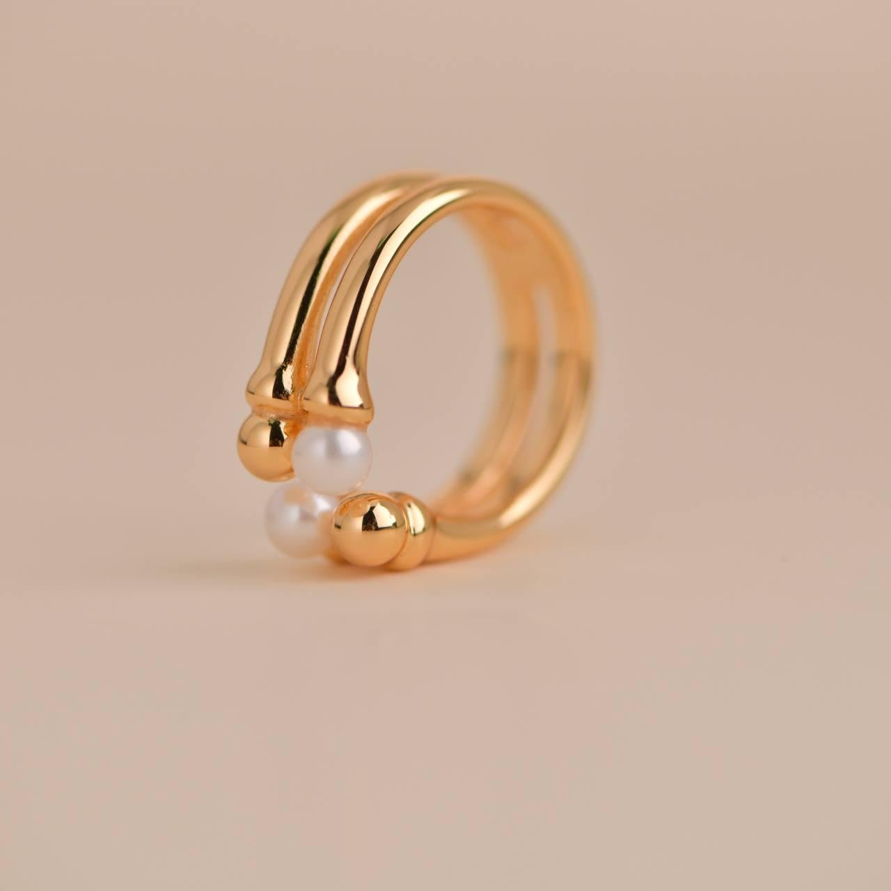 Double Layer Gold Beaded Freshwater Pearl Open Ring For Sale 3