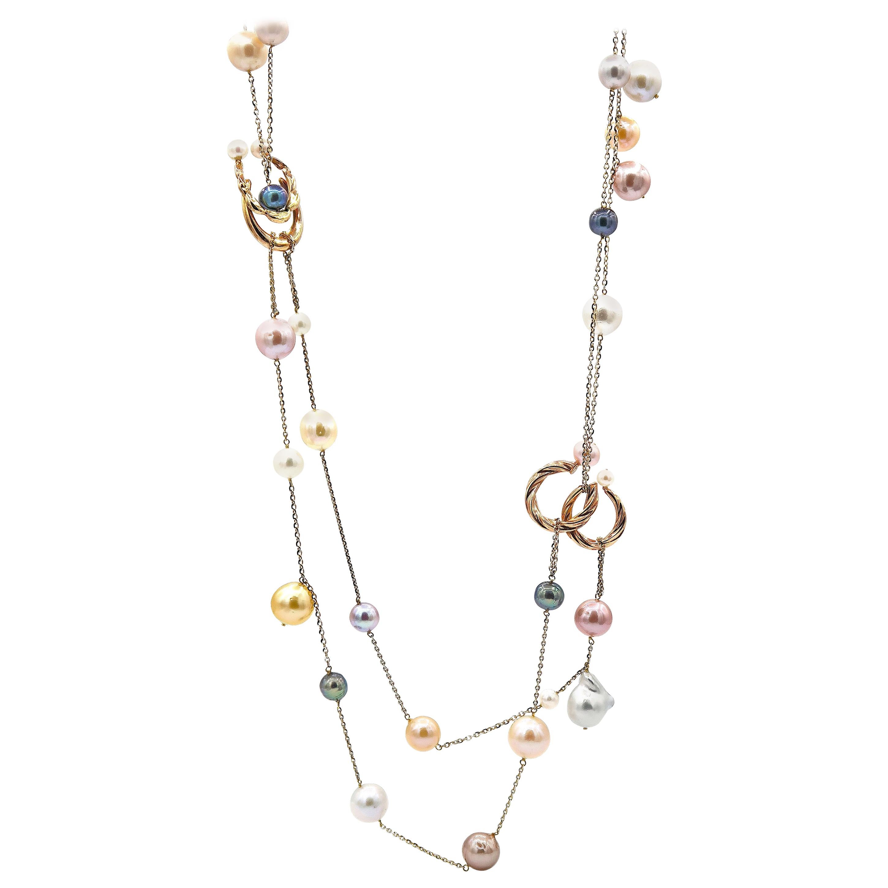 Double Layer Multi-Color Pearl and 18 Karat White and Yellow Gold Chain Necklace For Sale