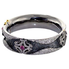 Double Layered Ethnic Looking Ruby Cuff With Diamonds In 18k White Gold & Silver