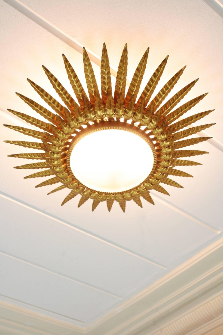 1950s Gilt Iron Glass Double Layer Sunburst Ceiling Light Fixture Wall Light