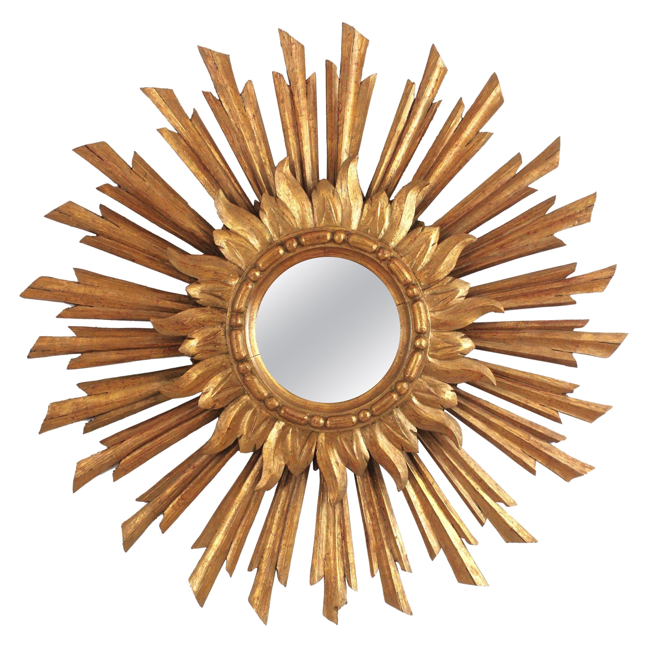 Double Layered Giltwood Sunburst Mirror, Spanish Baroque, 1940s