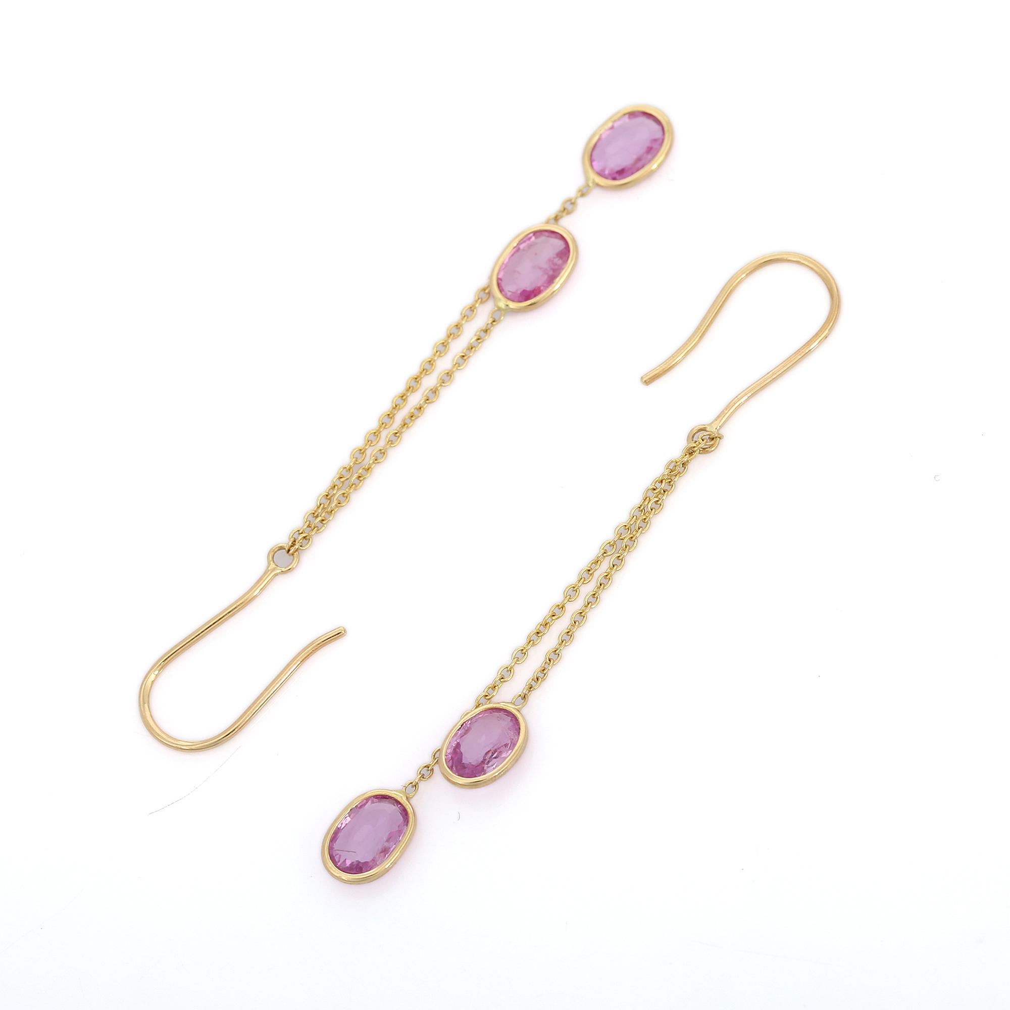 18K Yellow Gold Double Layered Pink Sapphire Dangle earrings to make a statement with your look. These earrings create a sparkling, luxurious look featuring oval cut gemstone.
If you love to gravitate towards unique styles, this piece of jewelry is