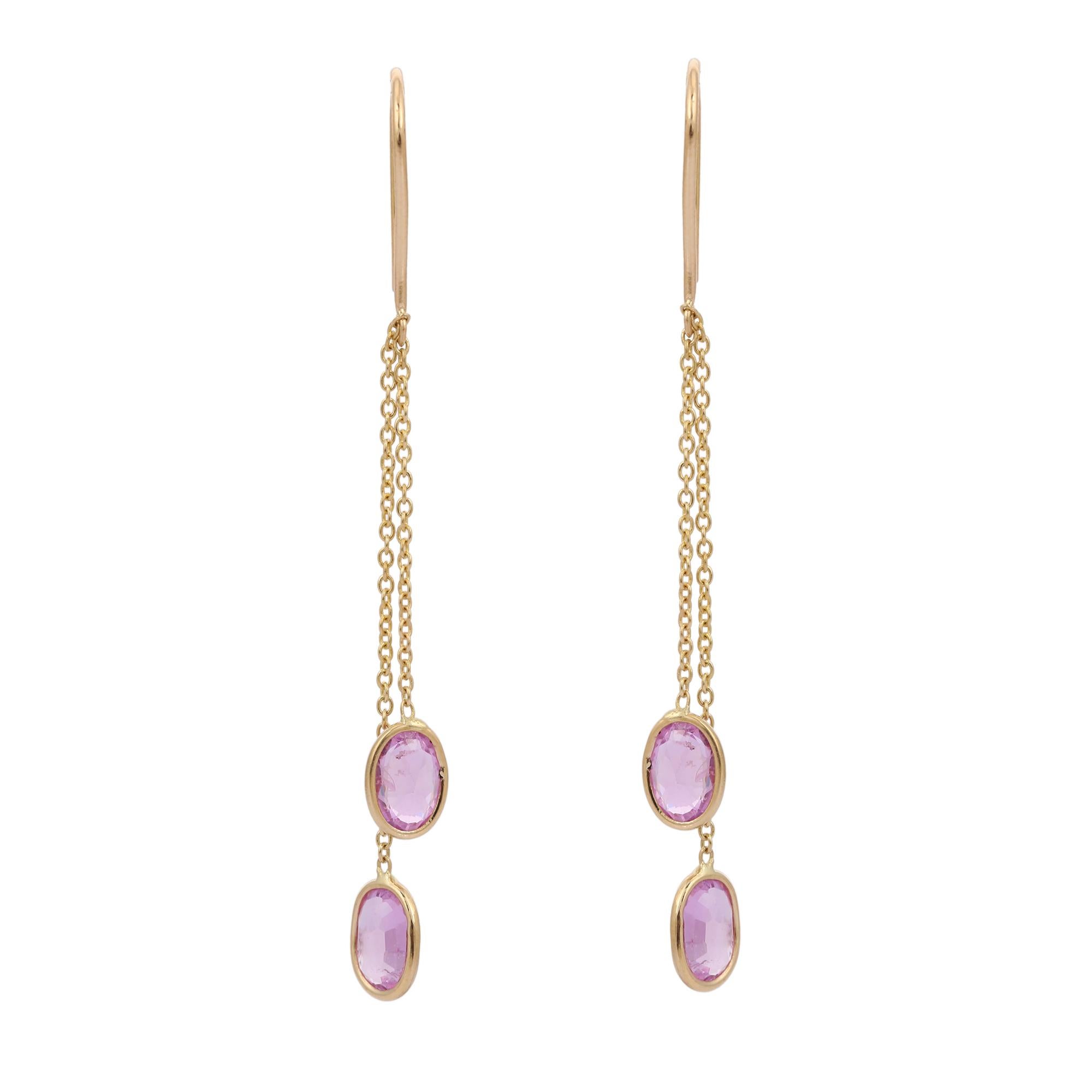 Oval Cut Double Layered Pink Sapphire Dangle Earrings in 18K Yellow Gold For Sale