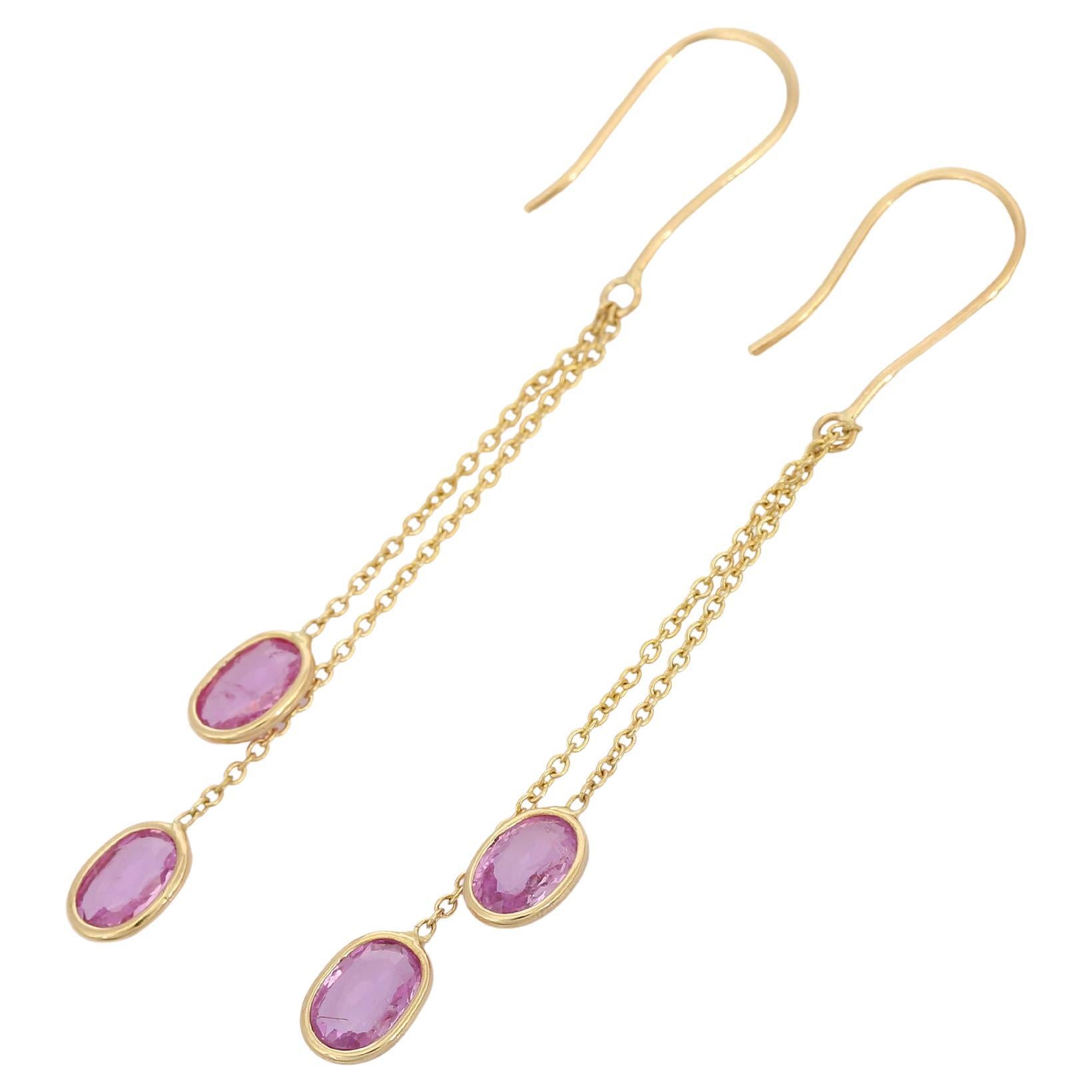 Double Layered Pink Sapphire Dangle Earrings in 18K Yellow Gold For Sale