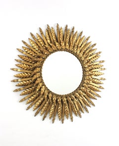 Double Layered Sunburst Mirror in Gilt Wrought Iron, Spain 1950s