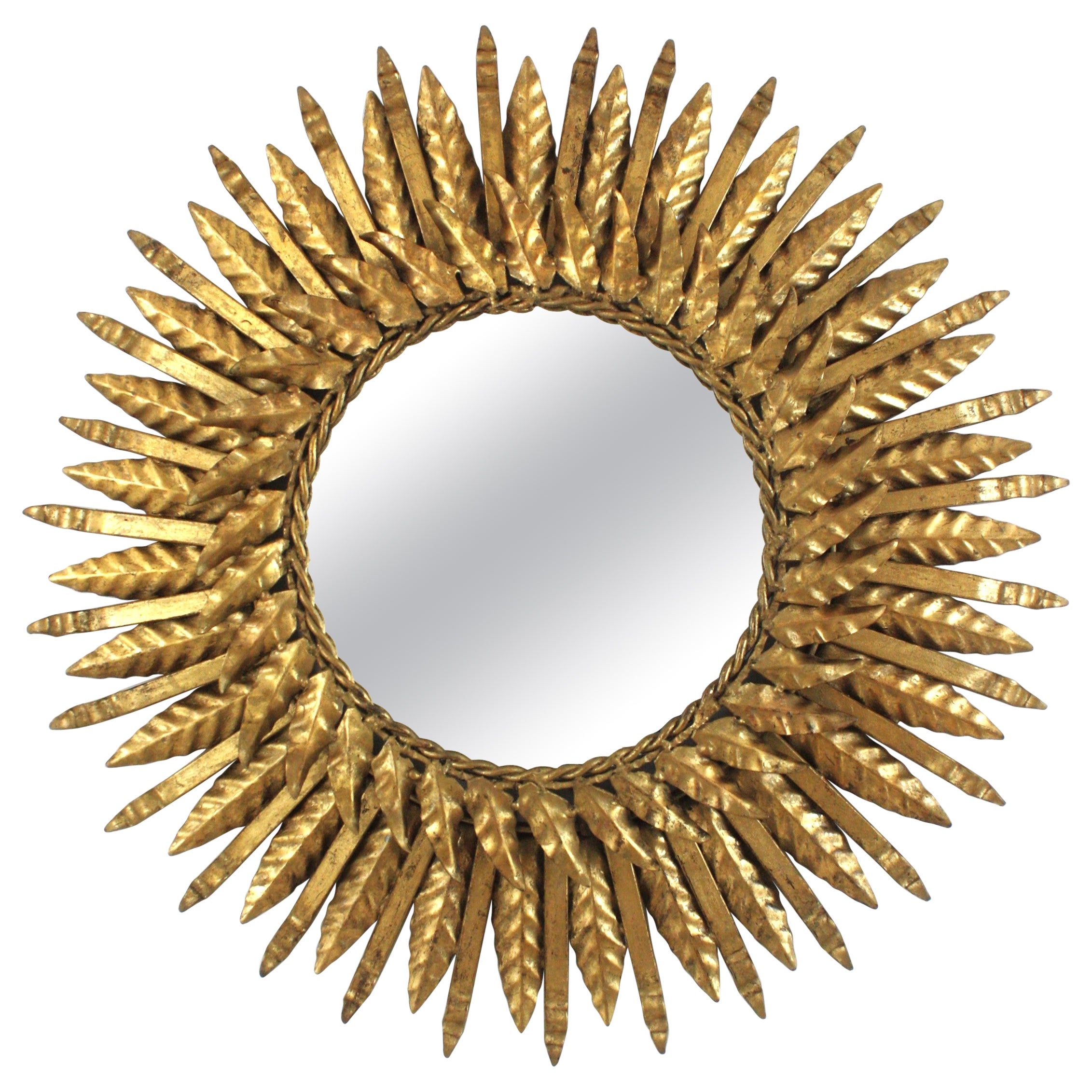 Double Layered Sunburst Mirror in Gilt Wrought Iron, Spain 1950s