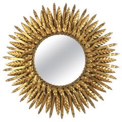 Double Layered Sunburst Mirror in Gilt Wrought Iron, Spain 1950s