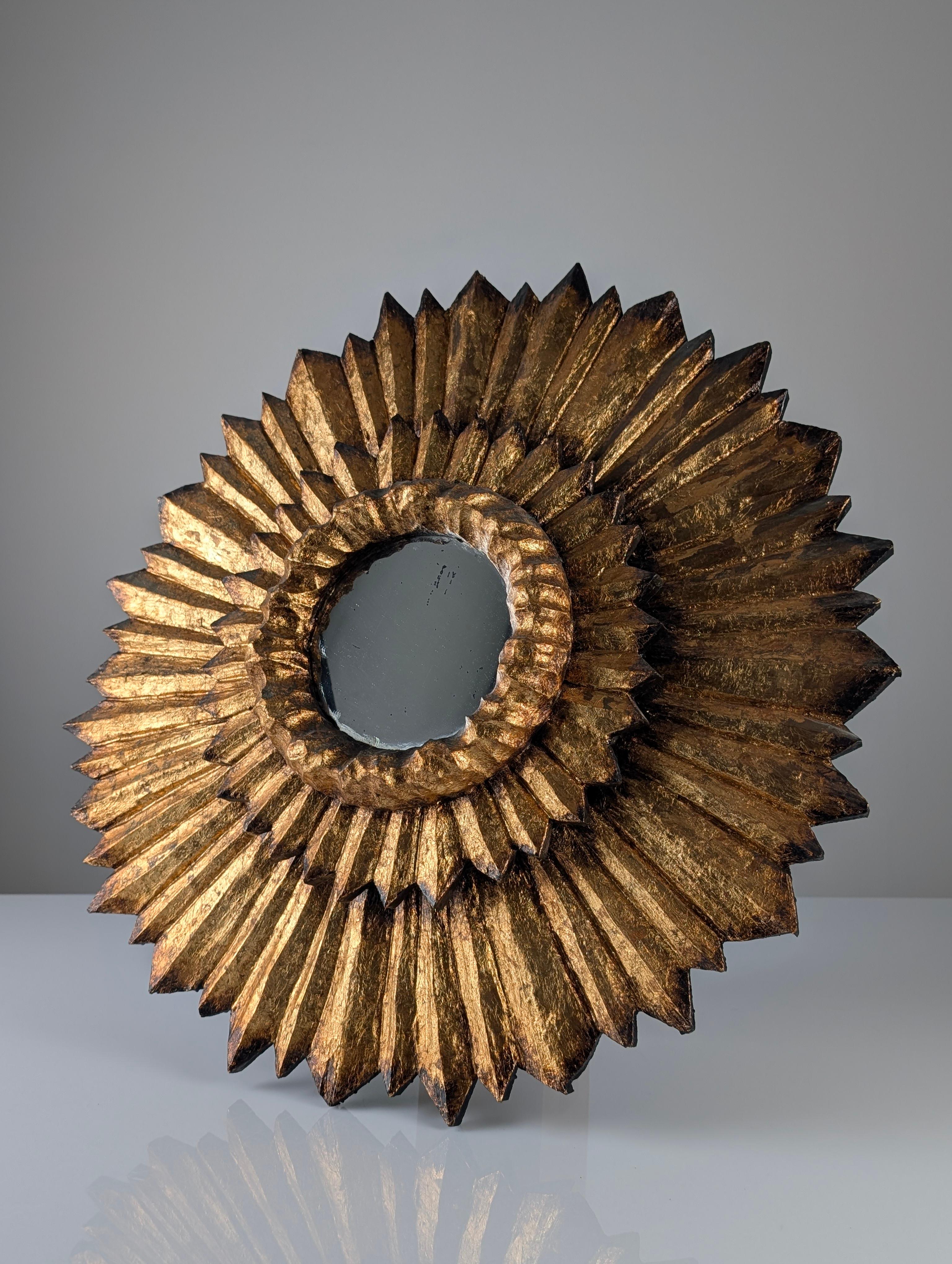 Doppelschichtiger Sunburst-Spiegel aus Holz und Blattgold im Angebot 2