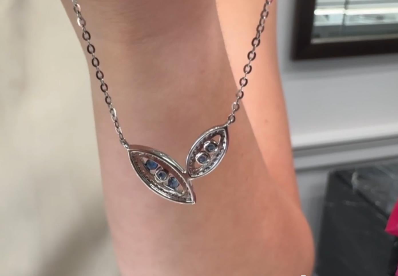 Double Leaf Asymmetric Sapphire and Diamond Necklace in 14K White Gold For Sale 1