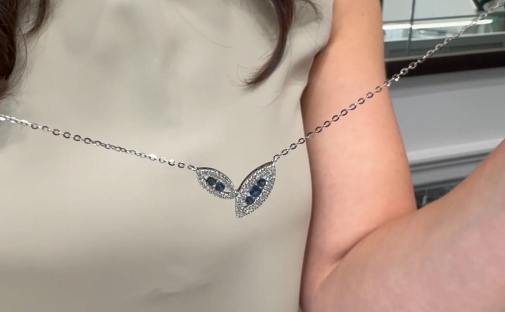 Double Leaf Asymmetric Sapphire and Diamond Necklace in 14K White Gold For Sale 2
