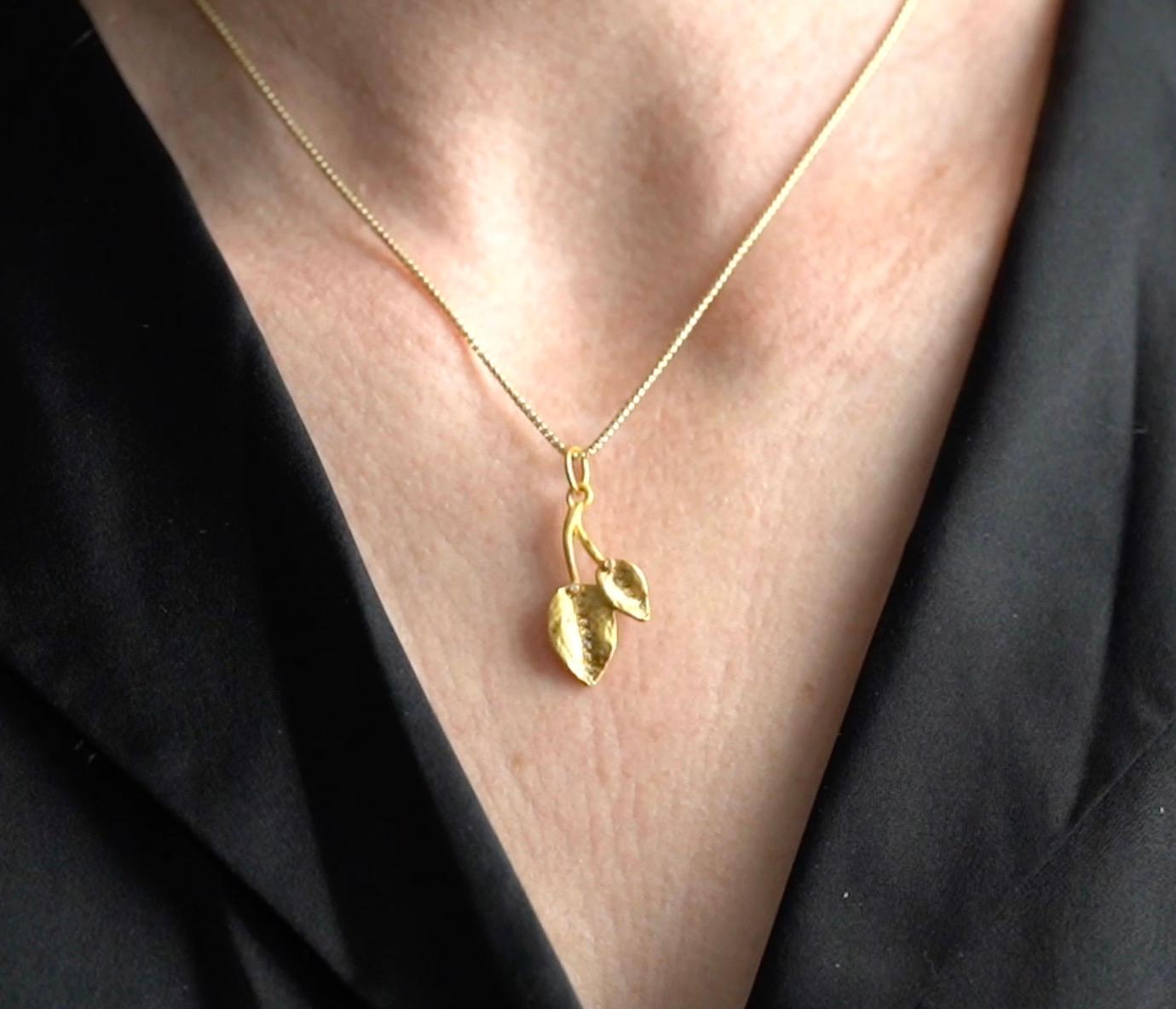 Contemporary Greek Leaves, Double Leaf Charm Pendant Necklace with Diamonds, 24kt Solid Gold For Sale