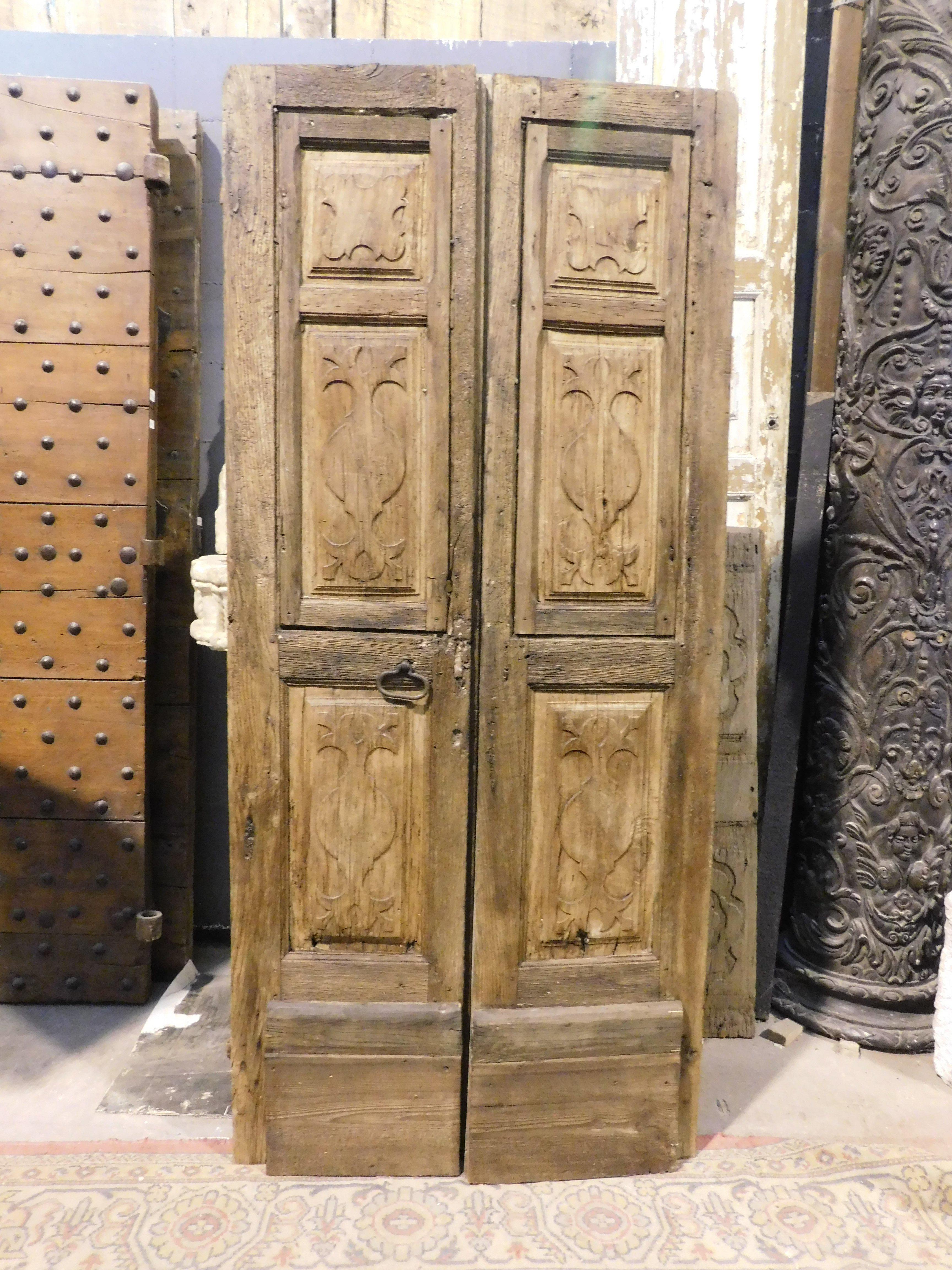 Puerta de dos hojas de madera de castaño con paneles tallados, Italia Italiano en venta