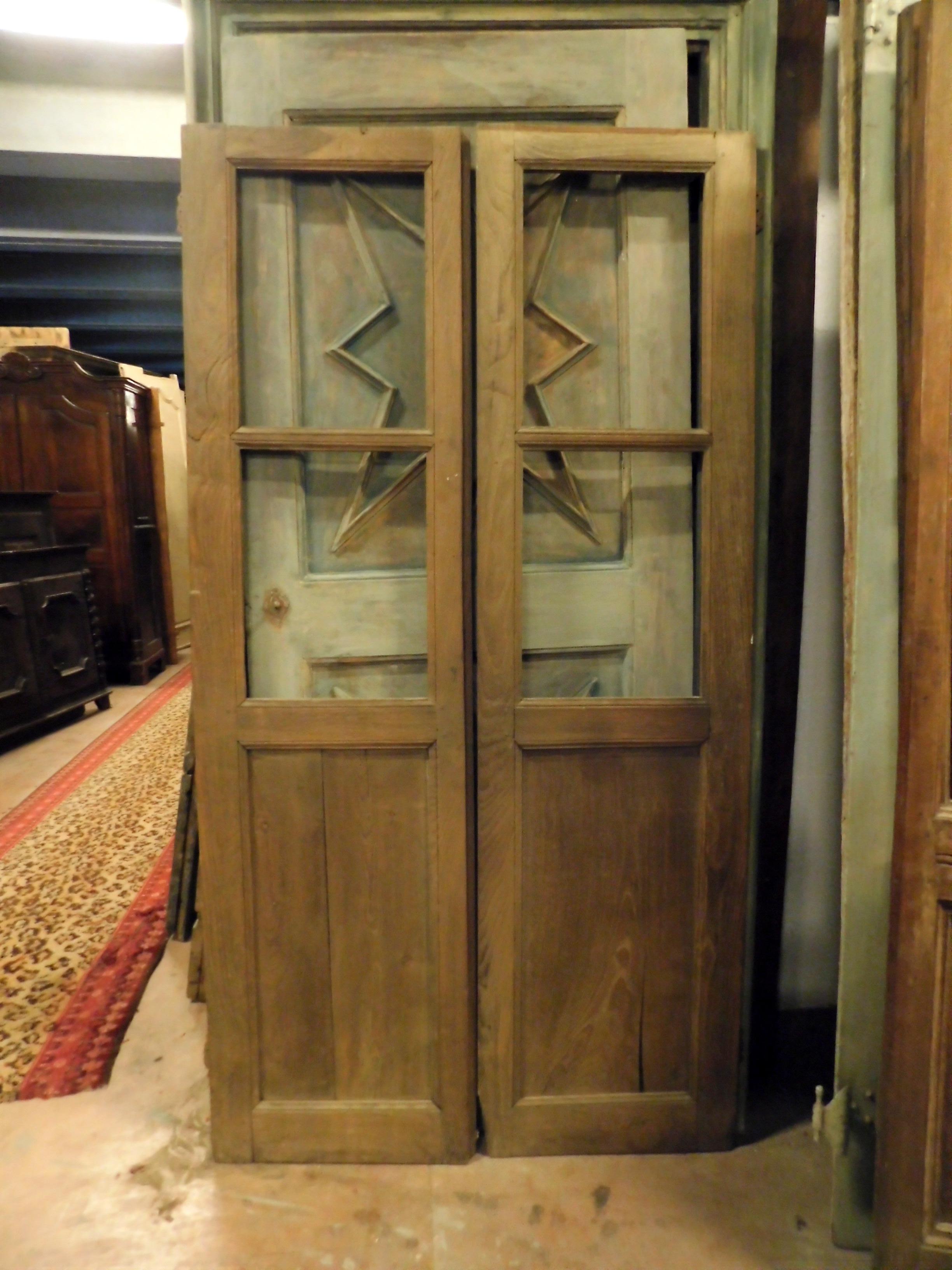 Hand-Carved Double-Leaf Glass Door in Walnut, Carved, to Be Restored, 19th Century, Italy For Sale