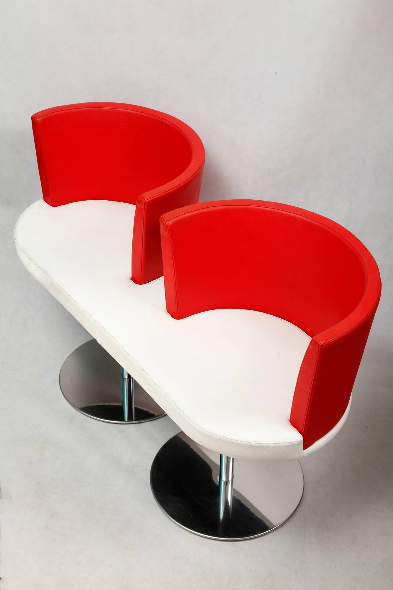 English Double Leather Armchair, Red and White, England, 1980s For Sale