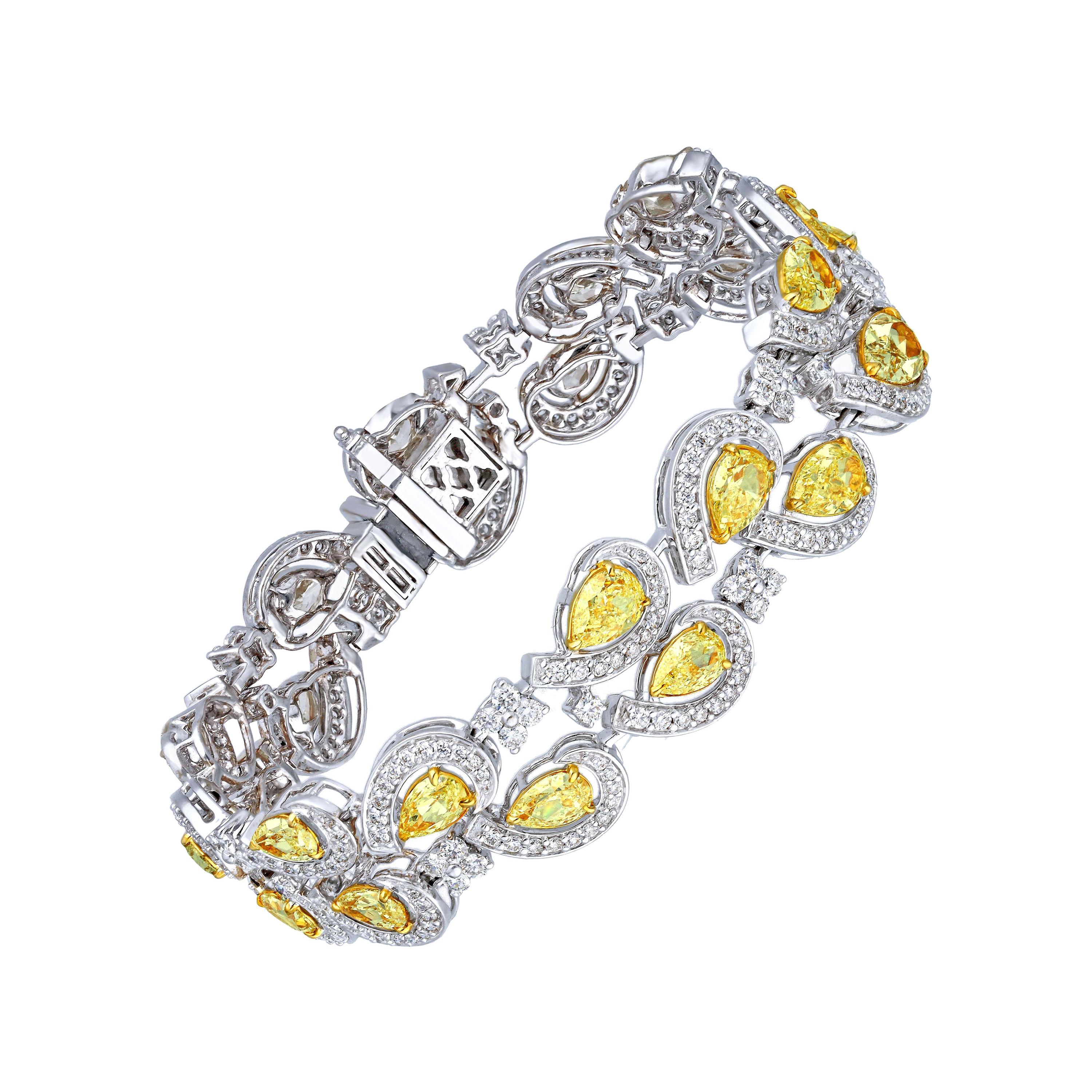 Double Line Fancy Yellow Pear Bracelet, 12.50 Carat For Sale at 1stDibs