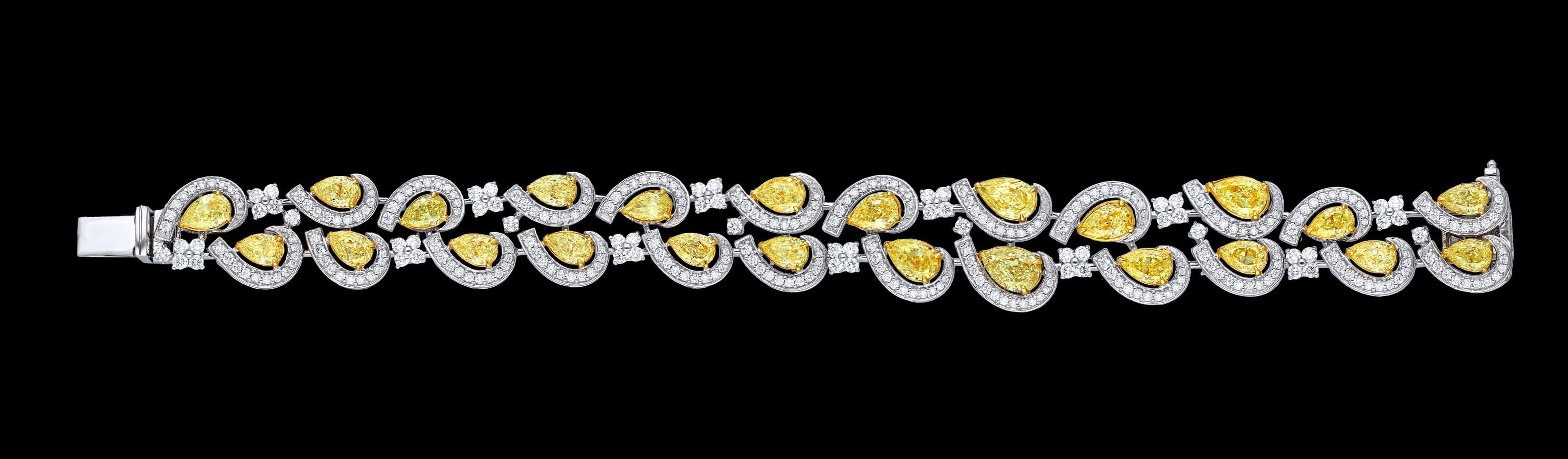 Pear Cut Double Line Fancy Yellow Pear Bracelet, 12.50 Carat For Sale