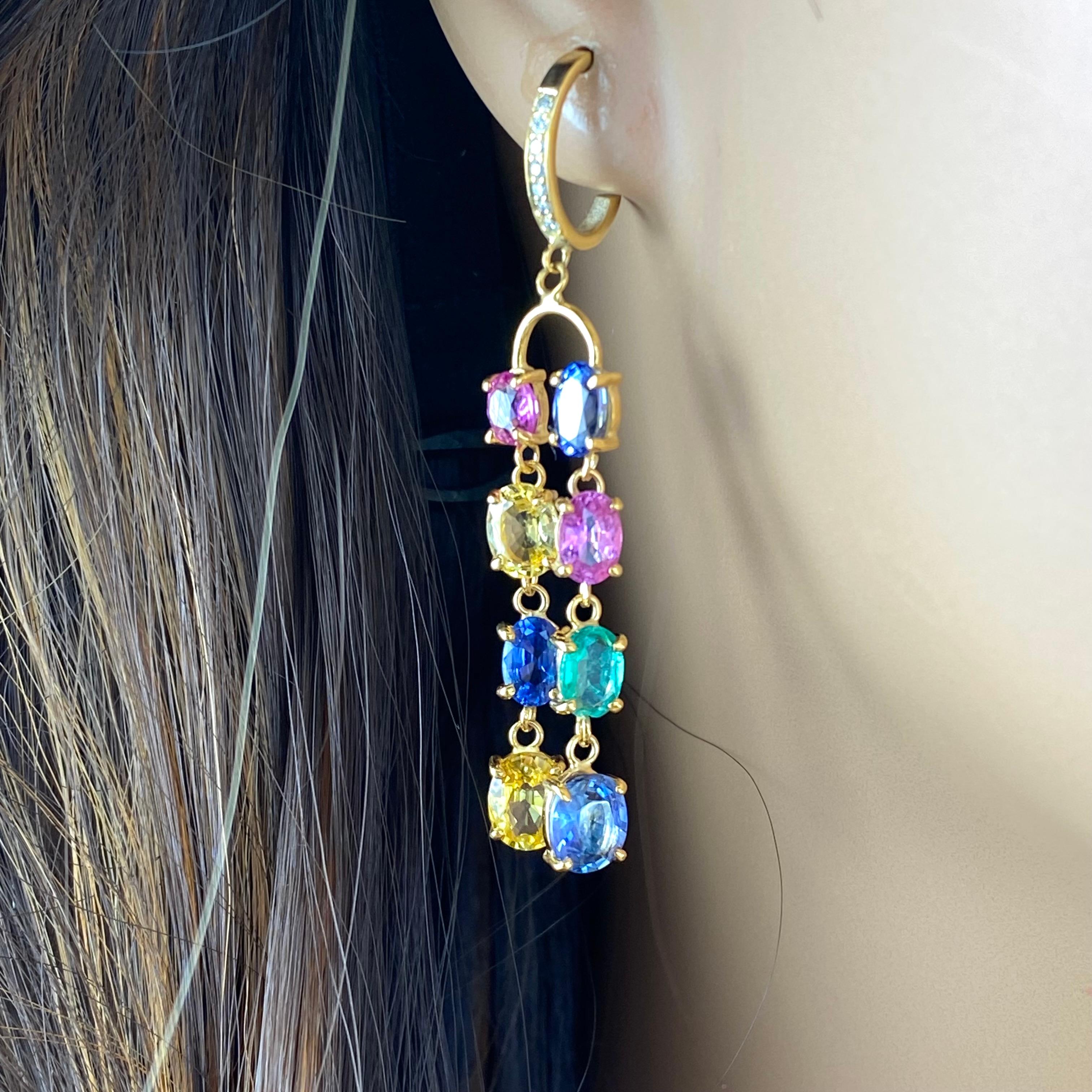 Introducing our exquisite 14 Karat Yellow Gold Double Lined Multi-Colorful Precious Stones Dangling Drop Hoop Earrings, a true testament to elegance and style. Crafted with meticulous attention to detail, these earrings are designed to captivate and
