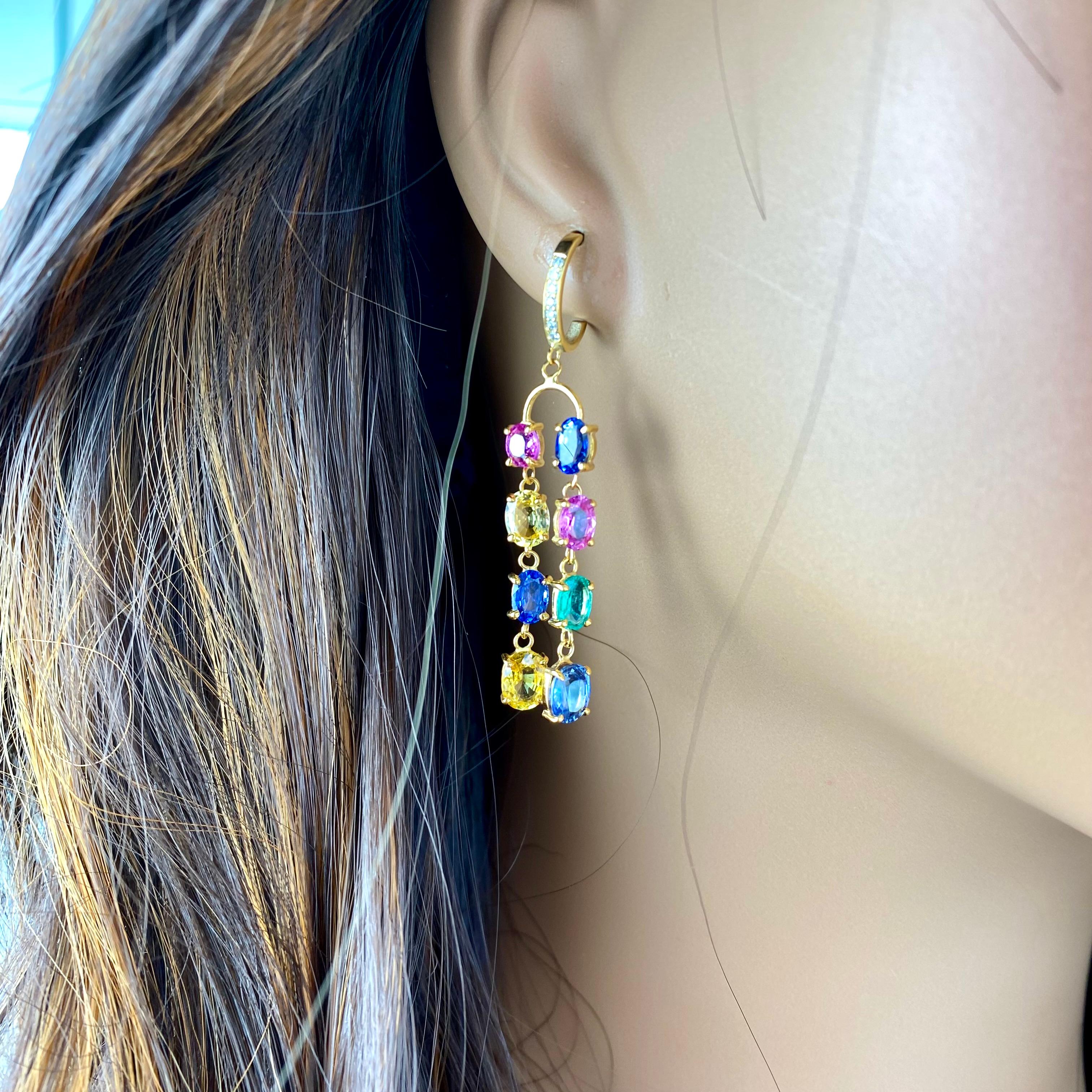 Contemporary Double Lined Multi-Colorful Precious Stones 11.35 Carat 2 Inch Hoop Earrings For Sale