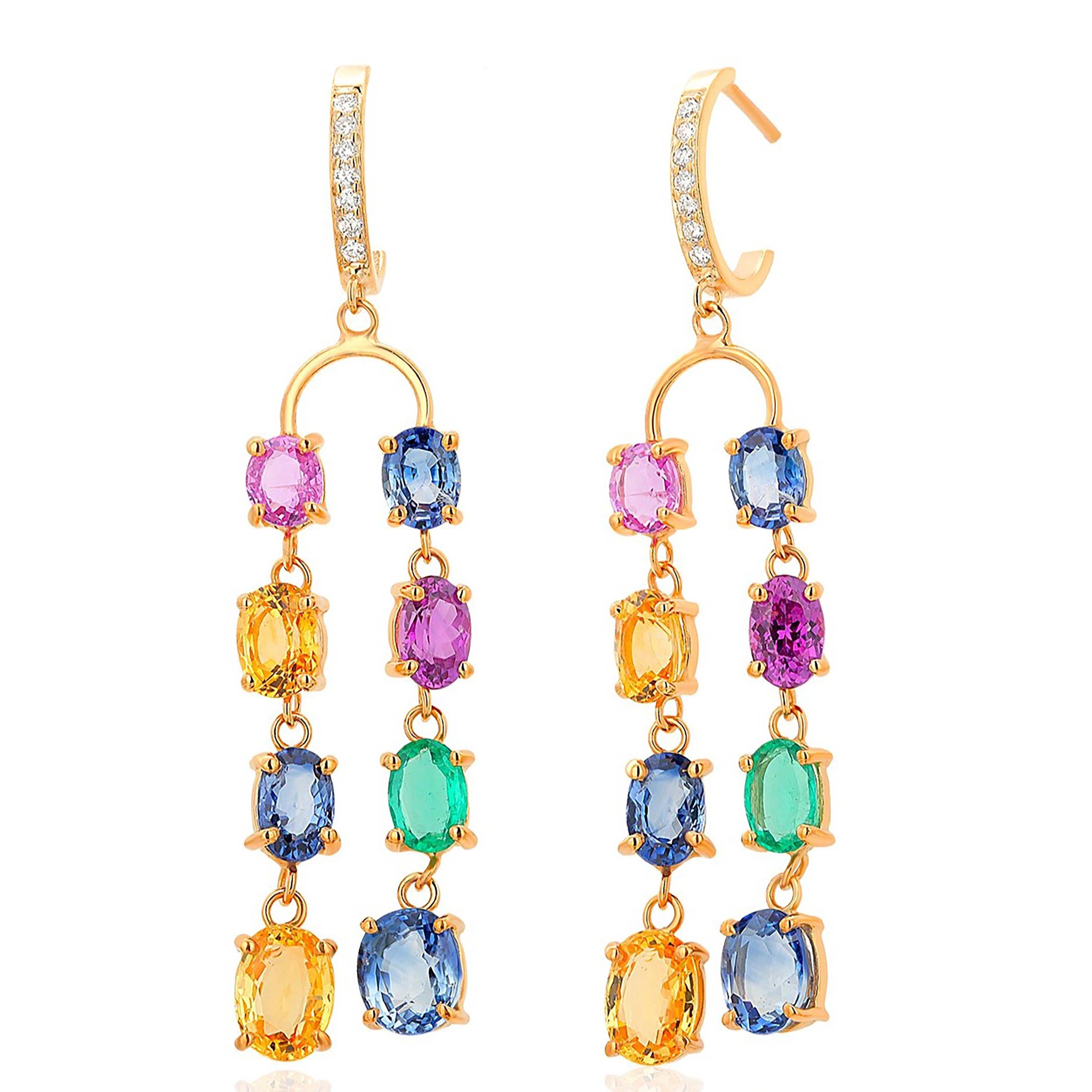 Oval Cut Double Lined Multi-Colorful Precious Stones 11.35 Carat 2 Inch Hoop Earrings For Sale