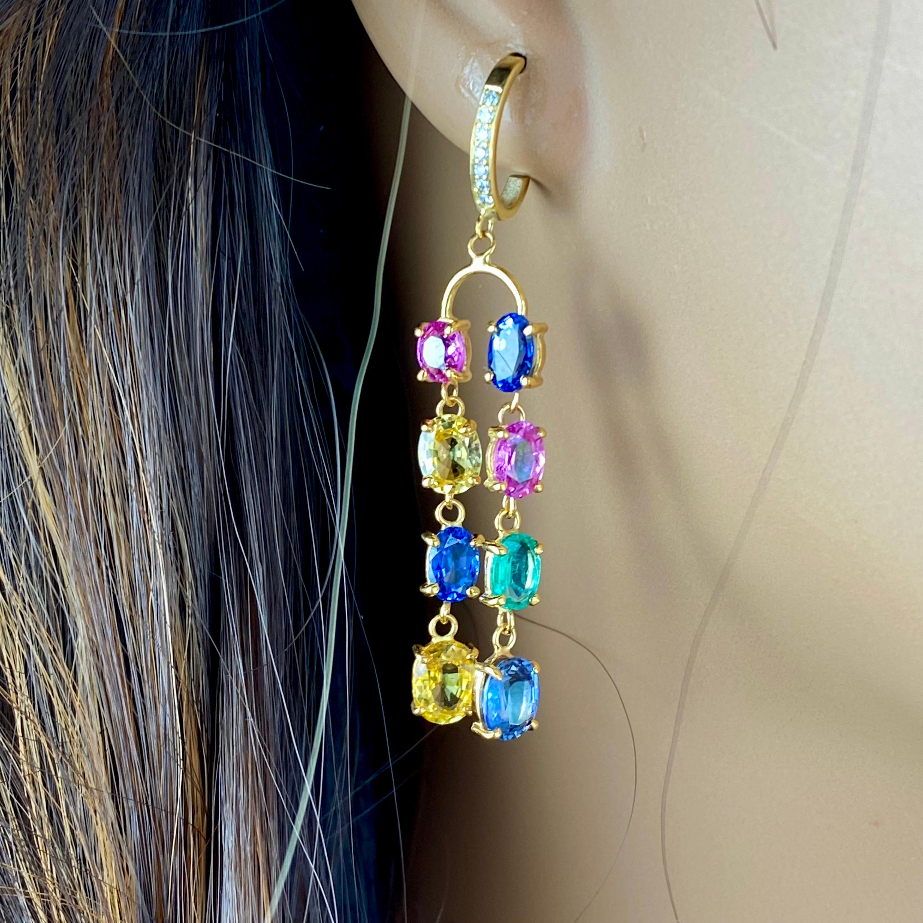Double Lined Multi-Colorful Precious Stones 11.35 Carat 2 Inch Hoop Earrings In New Condition For Sale In New York, NY