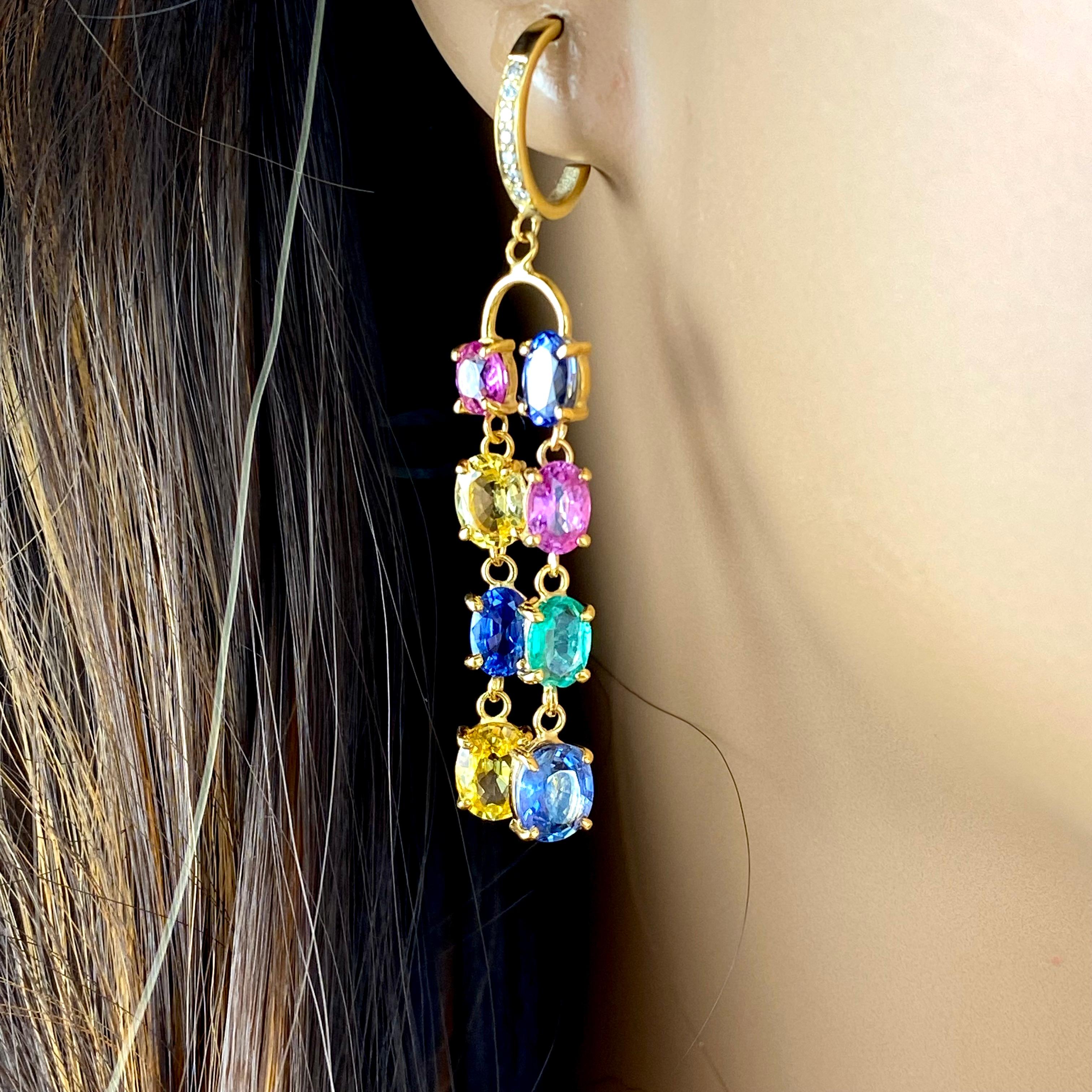 Women's Double Lined Multi-Colorful Precious Stones 11.35 Carat 2 Inch Hoop Earrings For Sale
