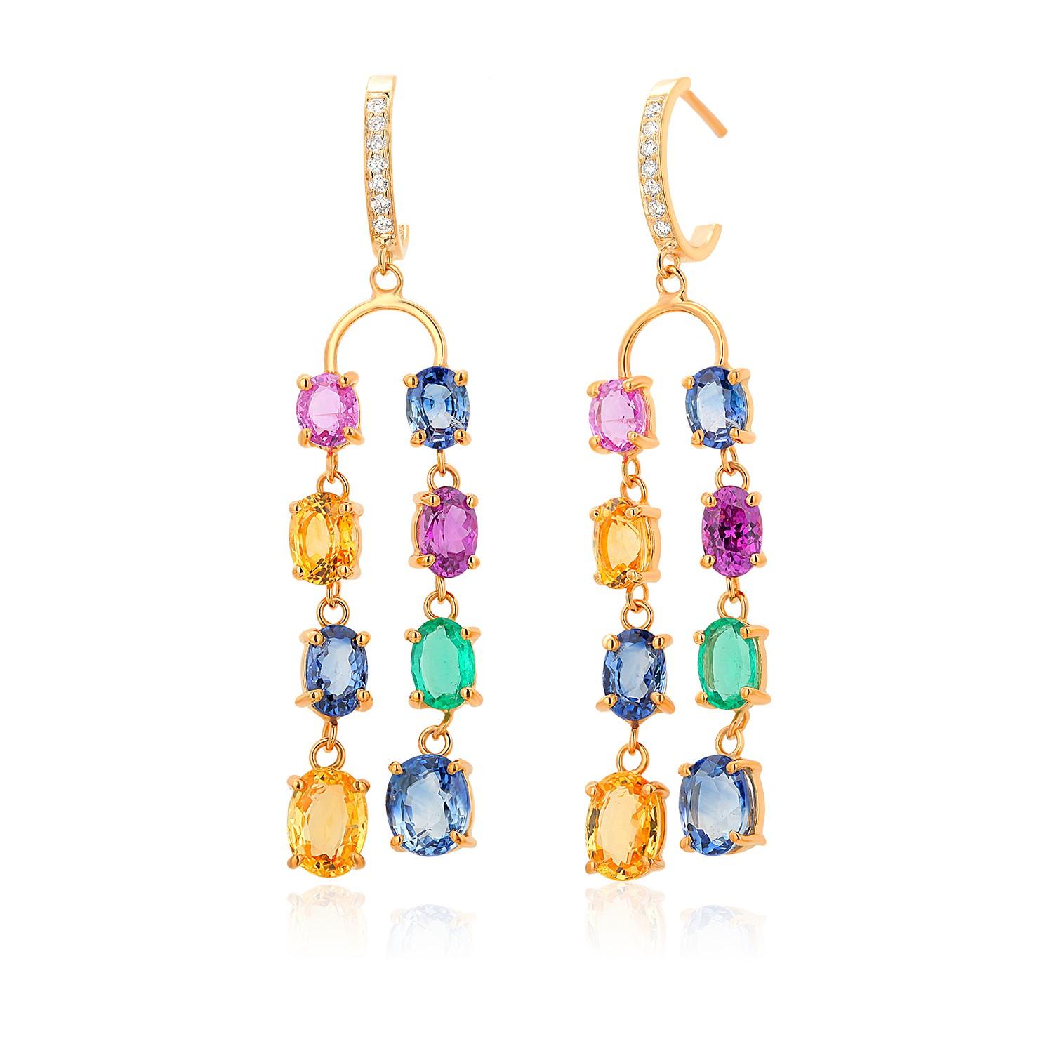 Double Lined Multi-Colorful Precious Stones 11.35 Carat 2 Inch Hoop Earrings For Sale 1