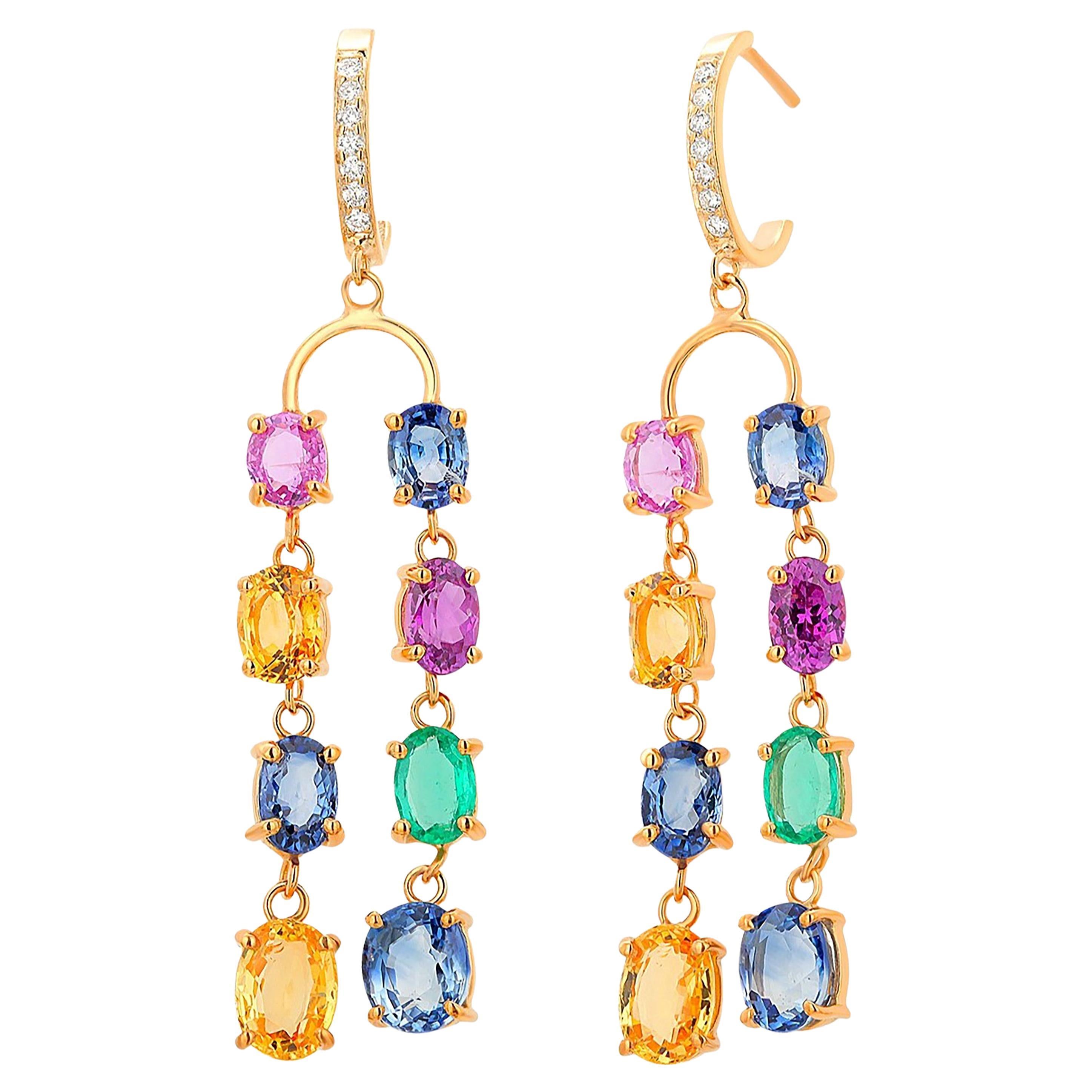 Double Lined Multi-Colorful Precious Stones 11.35 Carat 2 Inch Hoop Earrings For Sale