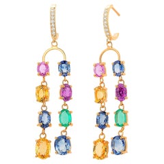 Double Lined Multi-Colorful Precious Stones 11.35 Carat 2 Inch Hoop Earrings