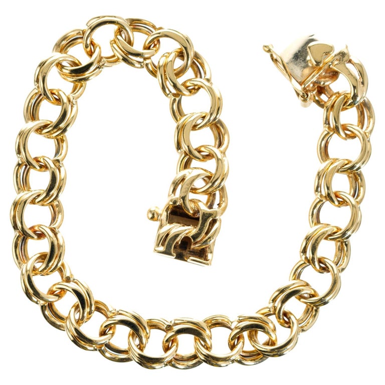 Double Link 14k Yellow Gold Charm Bracelet For Sale at 1stDibs