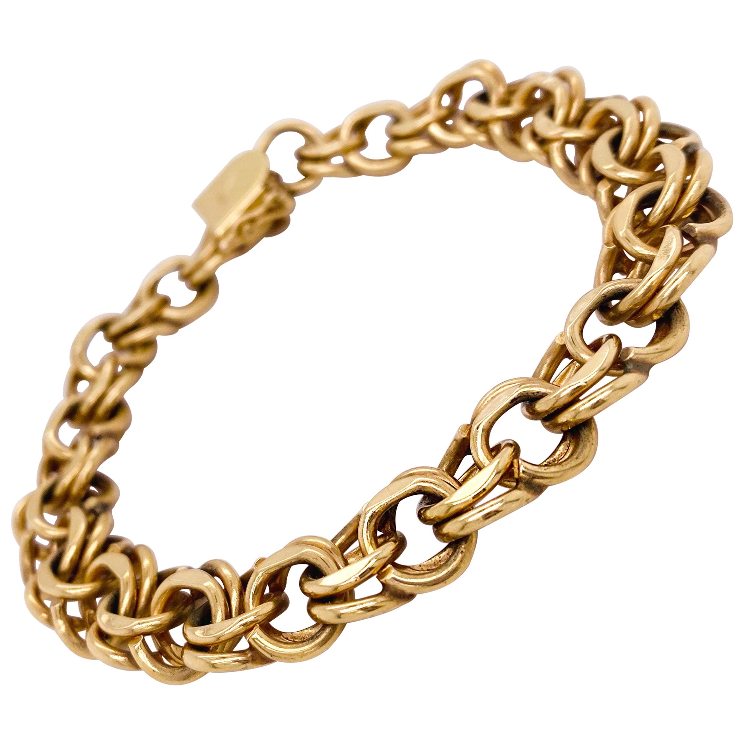 Double Link Bracelet, 14 Karat Gold, Handmade Estate, Charm Bracelet, Heart