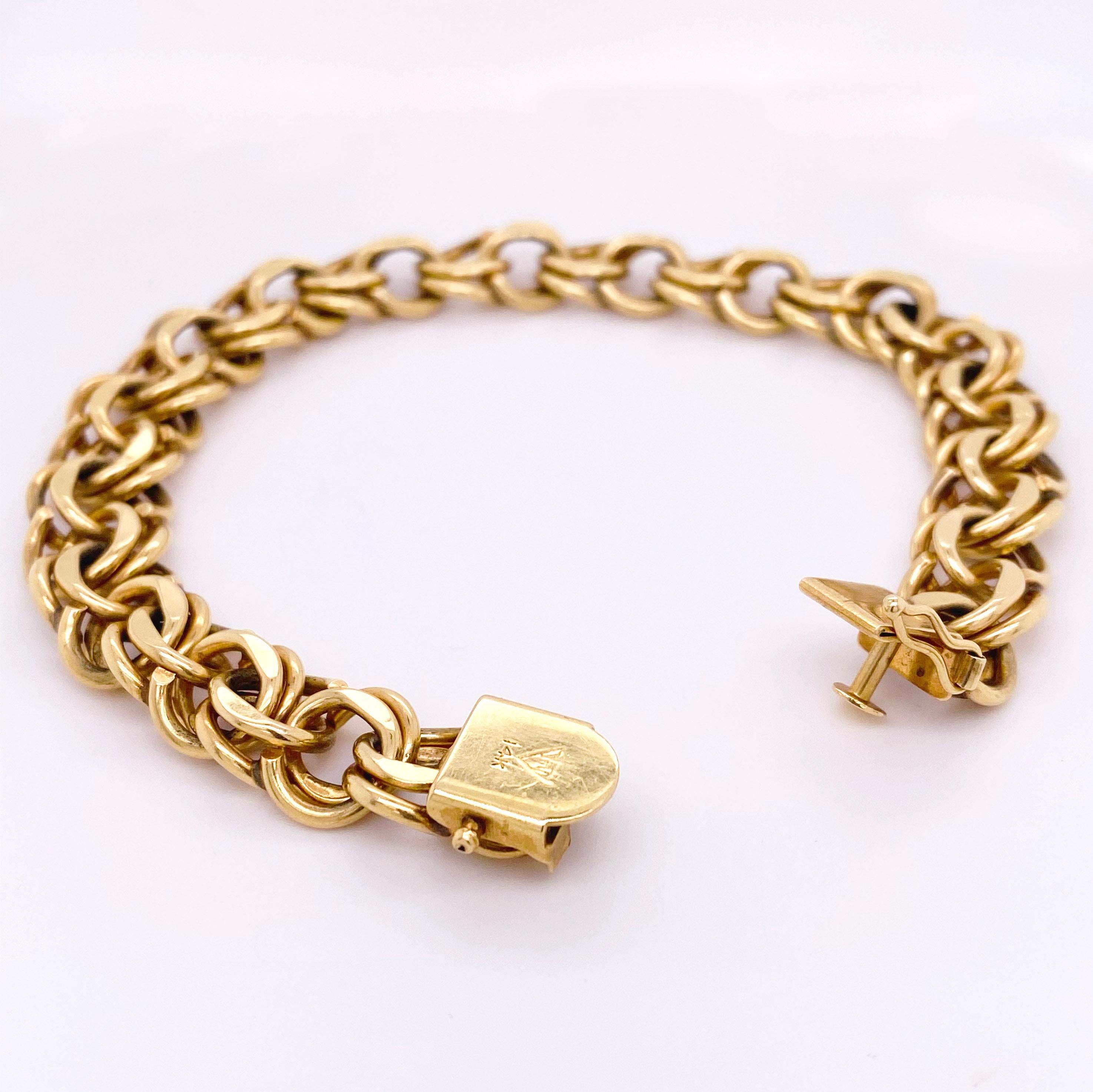 Modern Double Link Bracelet, 14 Karat Gold, Handmade Estate, Charm Bracelet, Heart