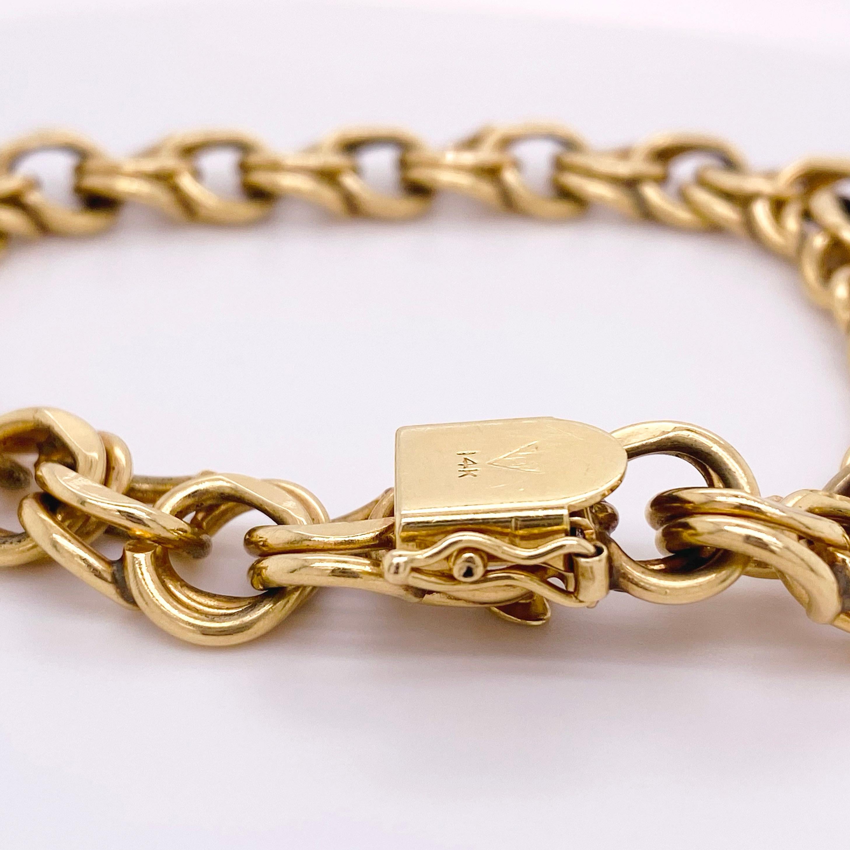 Double Link Bracelet, 14 Karat Gold, Handmade Estate, Charm Bracelet, Heart In Excellent Condition In Austin, TX