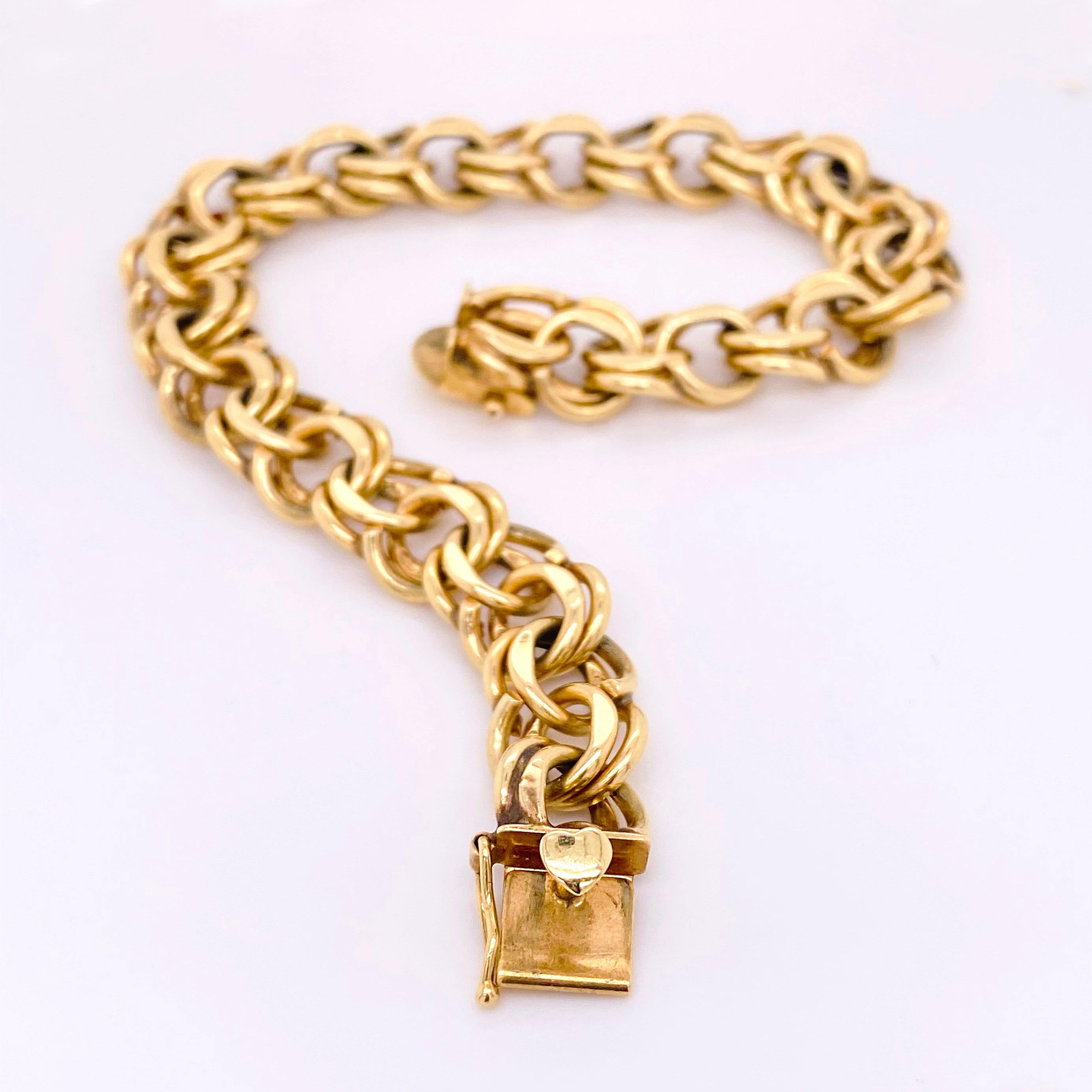 Women's Double Link Bracelet, 14 Karat Gold, Handmade Estate, Charm Bracelet, Heart