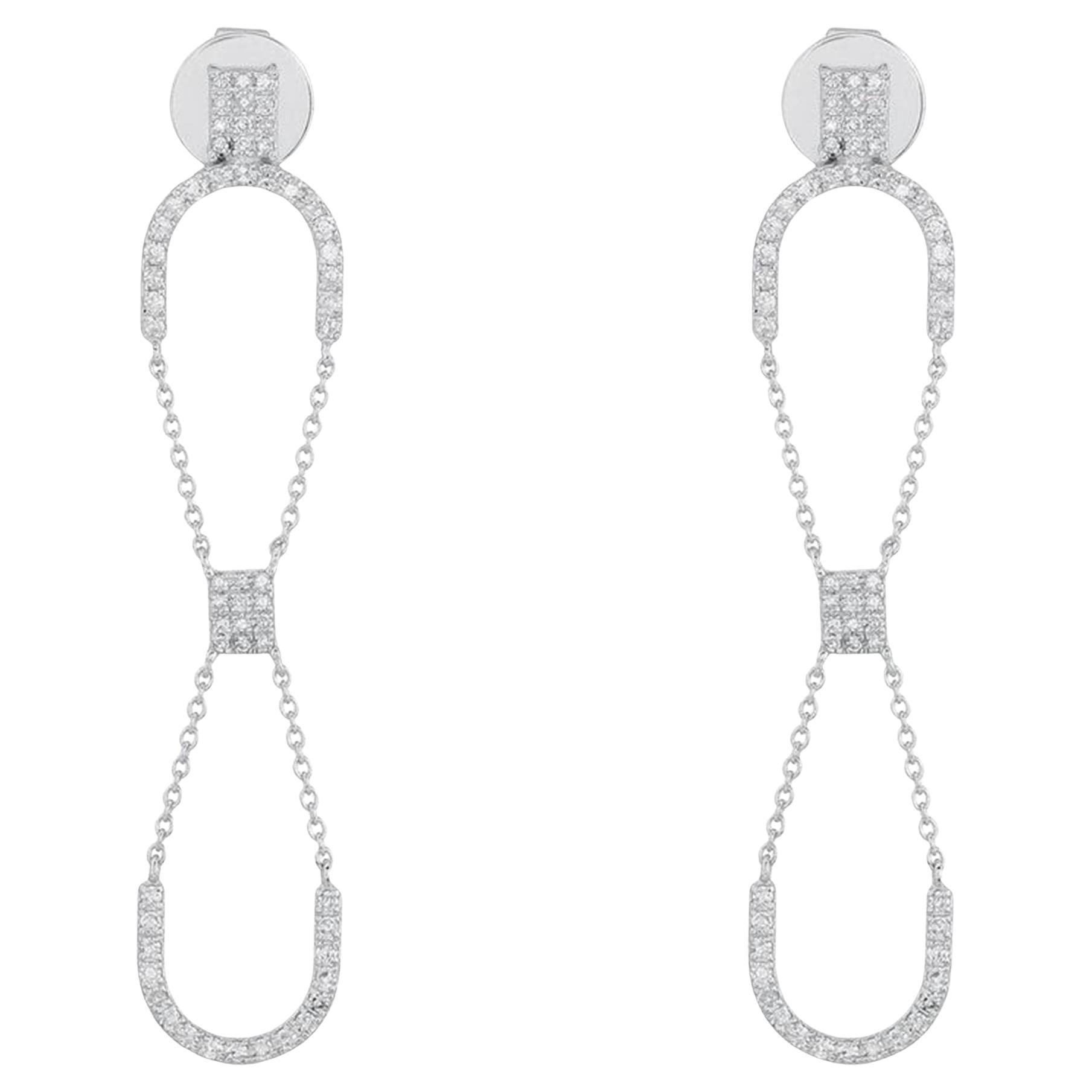 Boucles d'oreilles en or blanc 14K (ou 18k sur demande) à double lien et chaîne de diamants